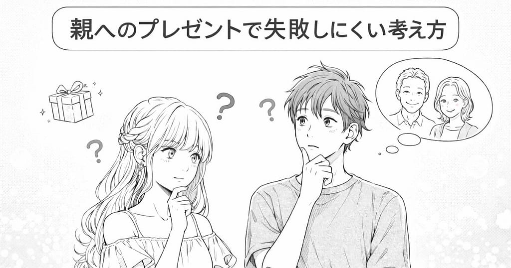 20代の子どもが親へのプレゼント選びに悩む様子のイラストイメージ