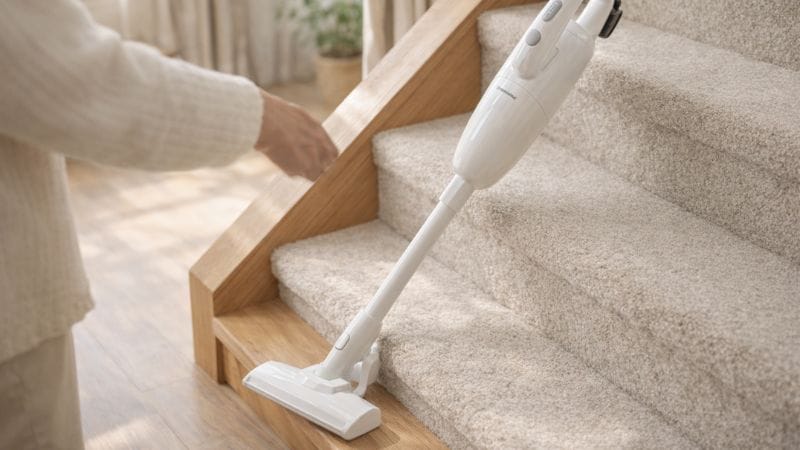 階段を片手で掃除する軽量コードレス掃除機の使用イメージ