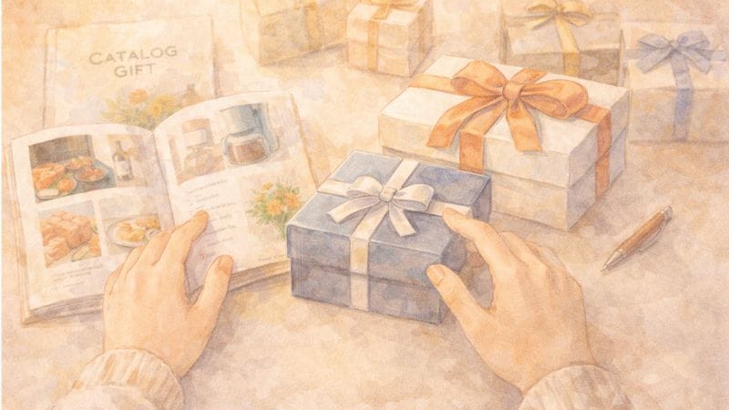 カタログギフトやプレゼントを選んでいる手元のイラスト