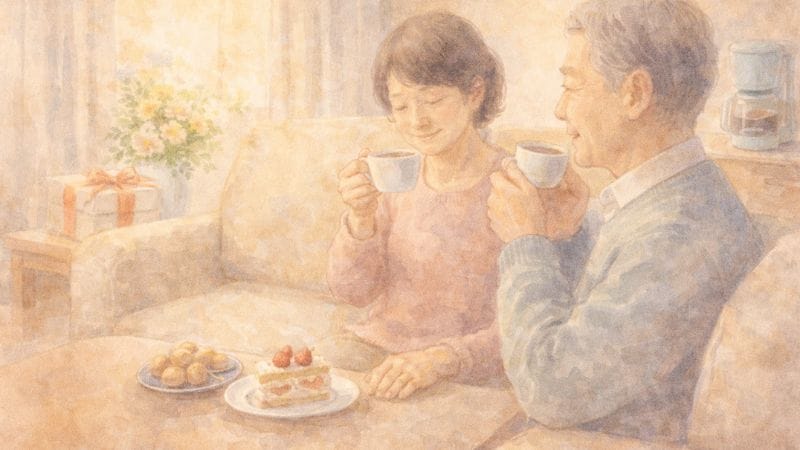 親がプレゼントを楽しみながらくつろぐイラスト（コーヒーとスイーツ）